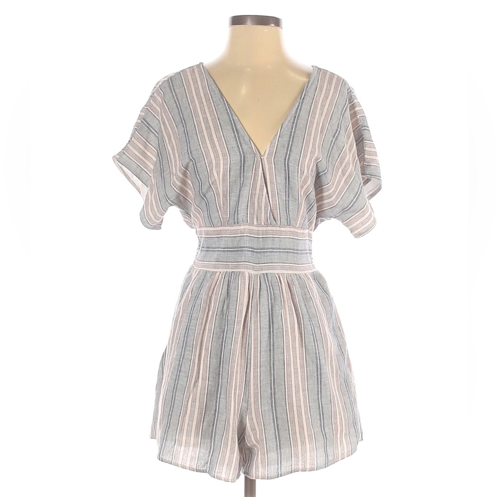 American Eagle Light Blue Striped Linen Romper